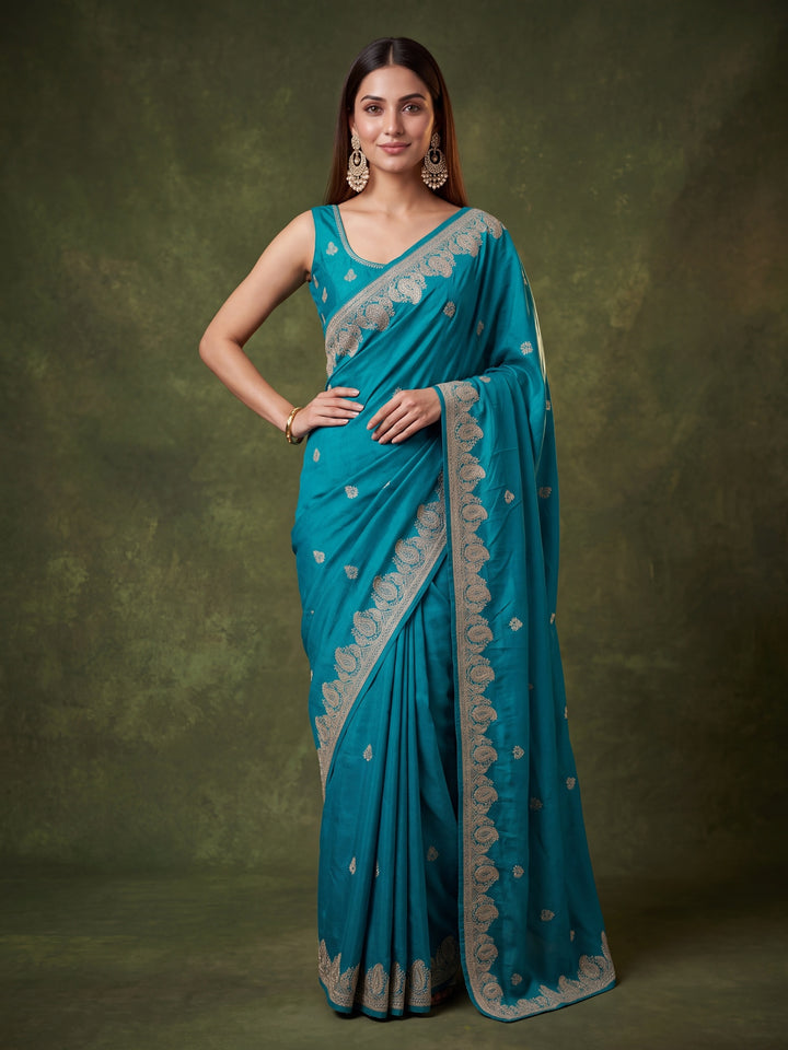 Turquoise Blue Chinon Gold Zariwork Saree With Matching Blouse Piece