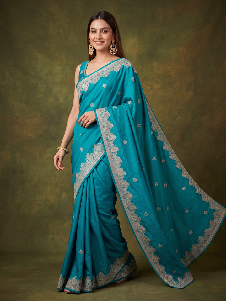 Turquoise Blue Chinon Gold Zariwork Saree With Matching Blouse Piece