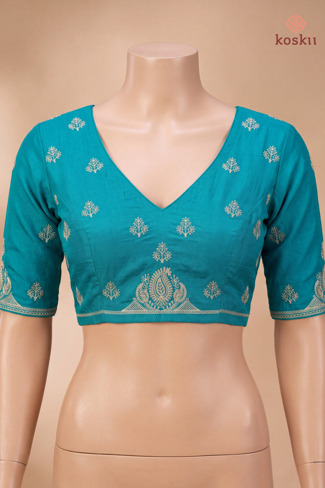 Turquoise Blue Chinon Gold Zariwork Saree With Matching Blouse Piece