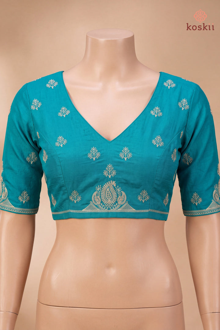 Turquoise Blue Chinon Gold Zariwork Saree With Matching Blouse Piece