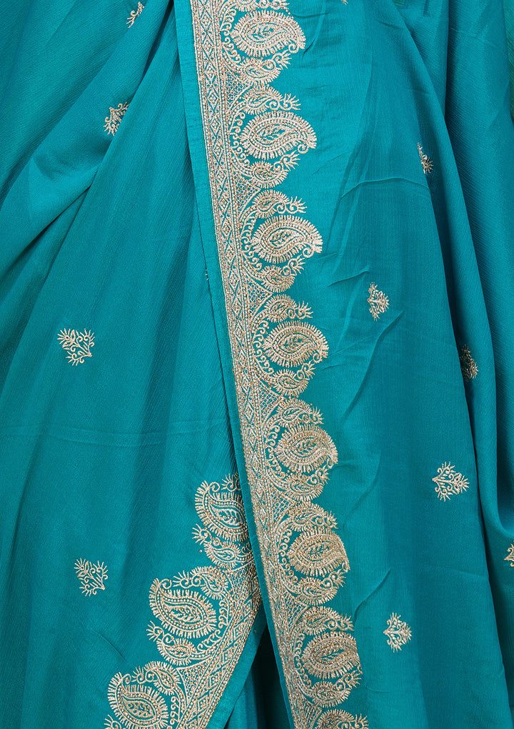 Turquoise Blue Chinon Gold Zariwork Saree With Matching Blouse Piece