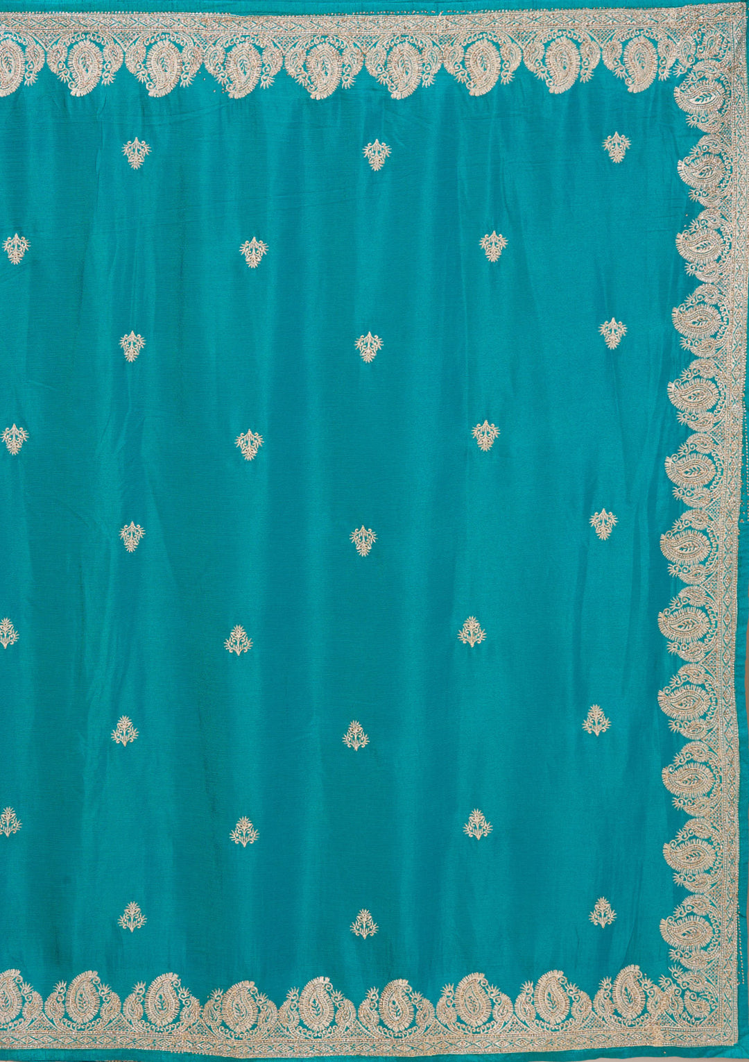 Turquoise Blue Chinon Gold Zariwork Saree With Matching Blouse Piece