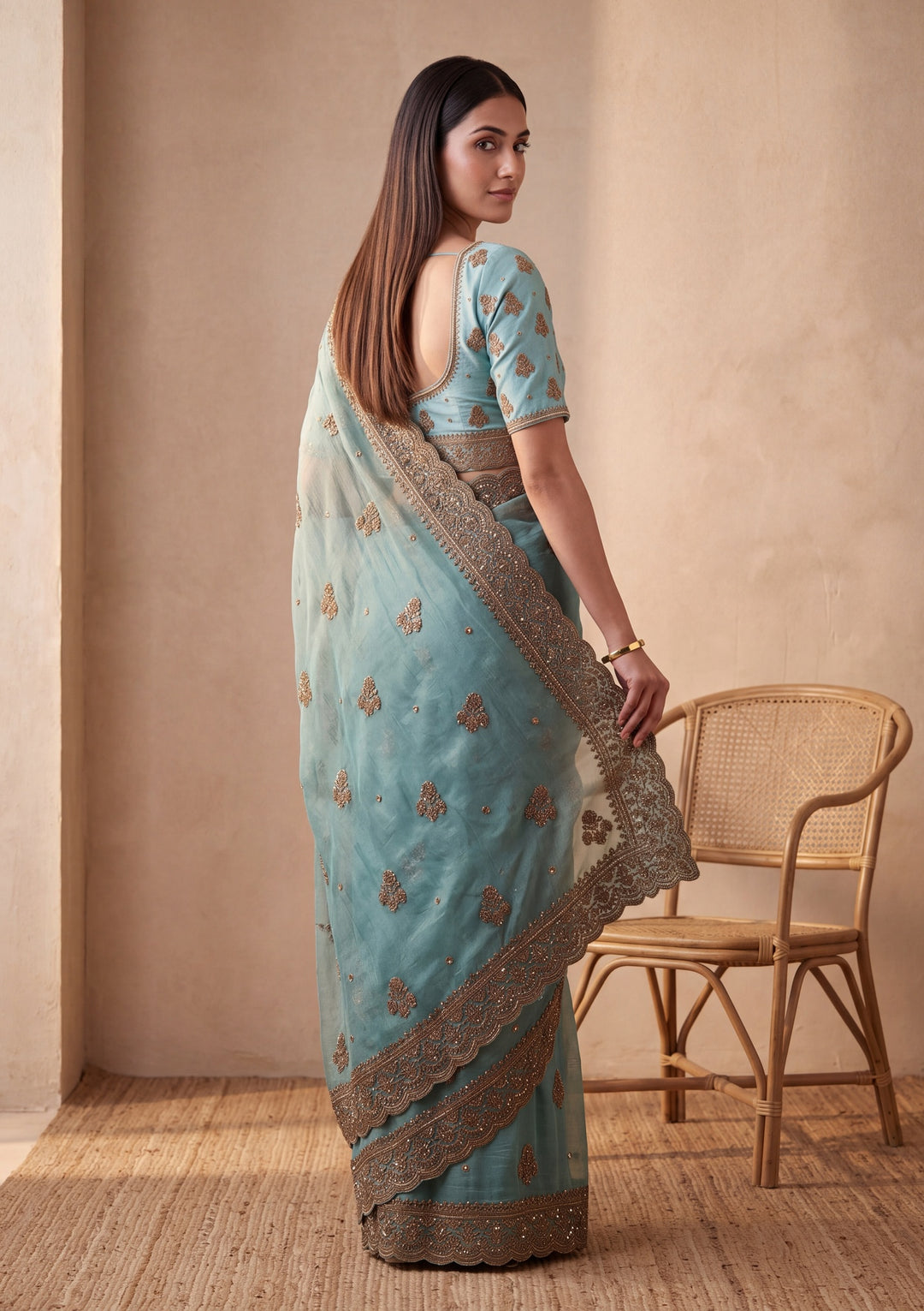 Blue Tissue Cording Saree With Matching Blouse Piece
