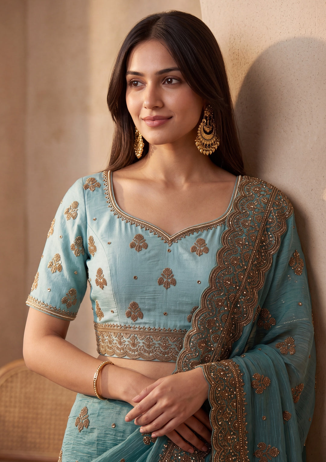 Blue Tissue Cording Saree With Matching Blouse Piece