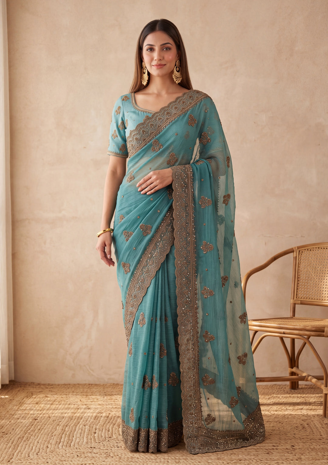 Blue Tissue Cording Saree With Matching Blouse Piece