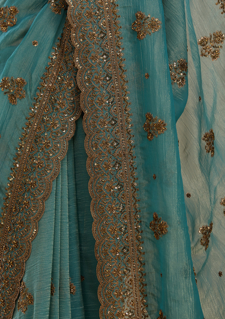 Blue Tissue Cording Saree With Matching Blouse Piece
