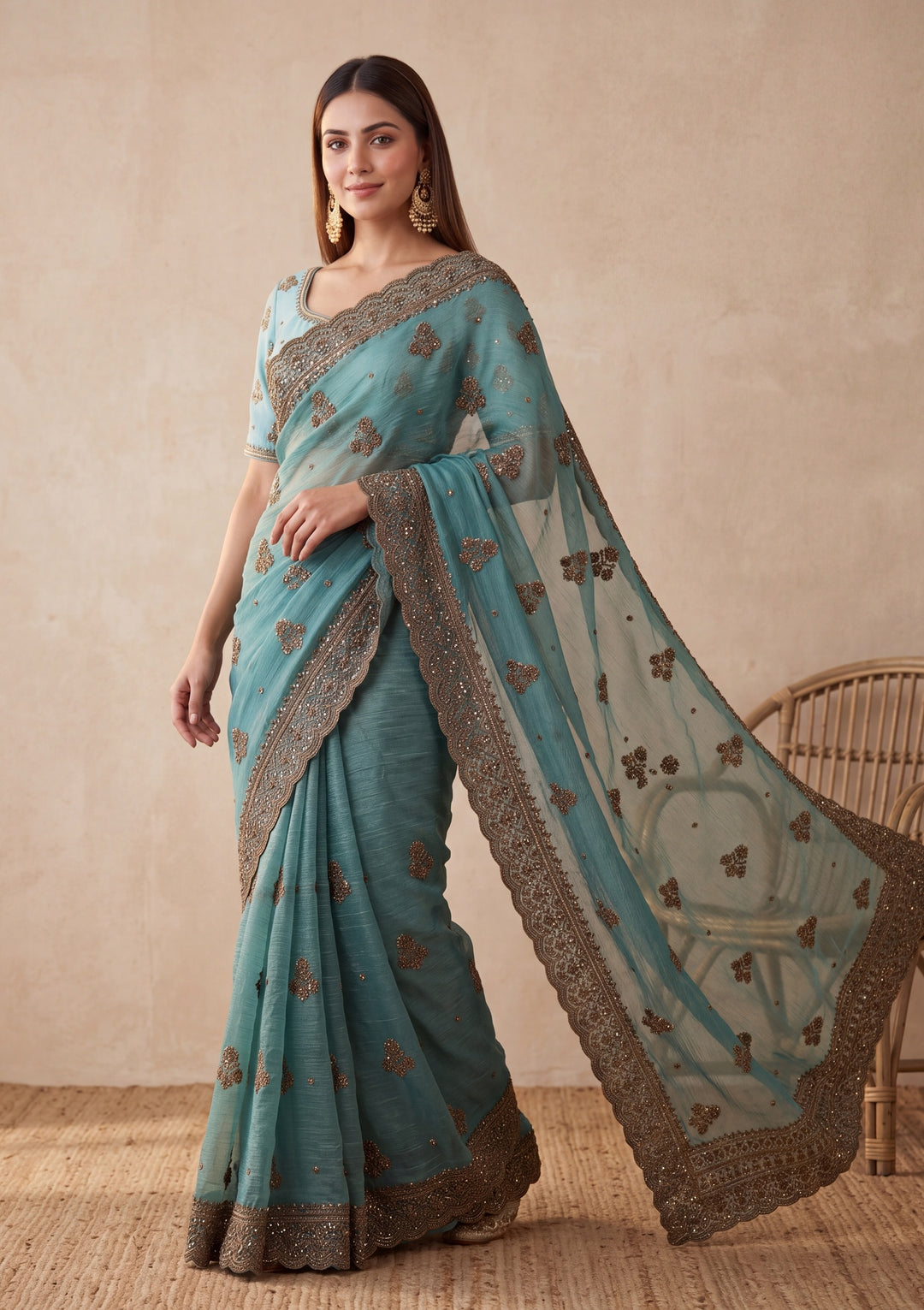 Blue Tissue Cording Saree With Matching Blouse Piece