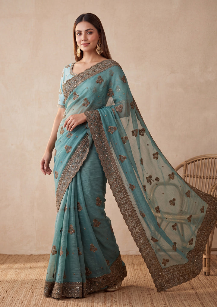 Blue Tissue Cording Saree With Matching Blouse Piece