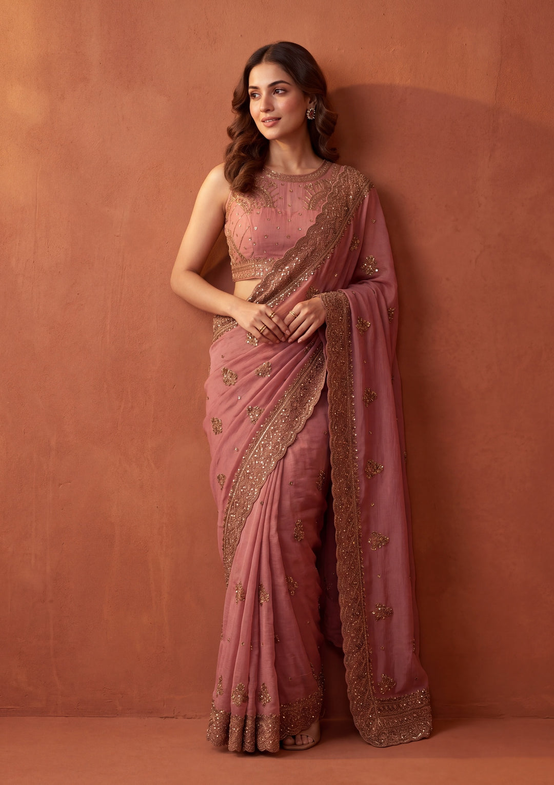 Onion Pink Tissue Cording Saree With Matching Blouse Piece