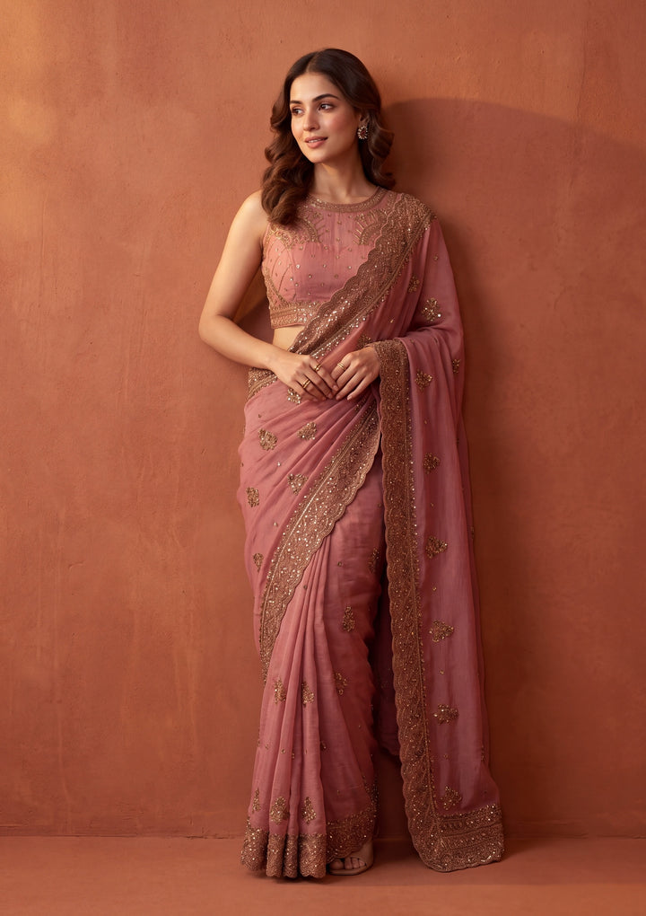 Onion Pink Tissue Cording Saree With Matching Blouse Piece