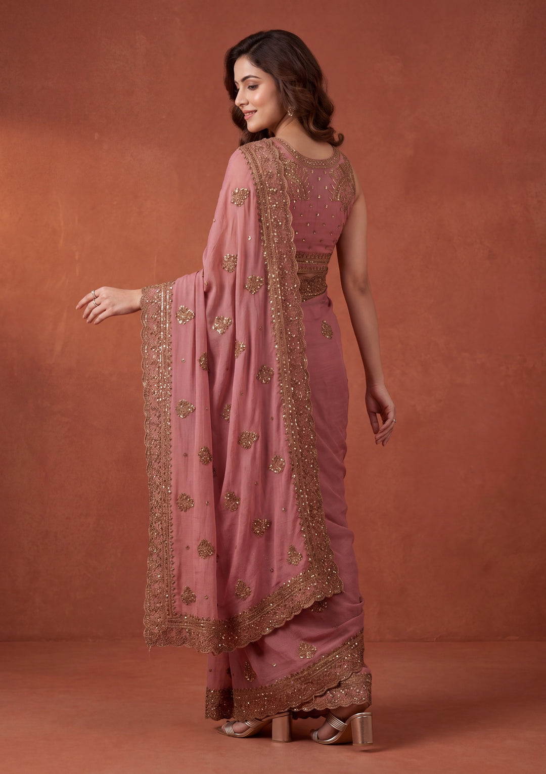 Onion Pink Tissue Cording Saree With Matching Blouse Piece