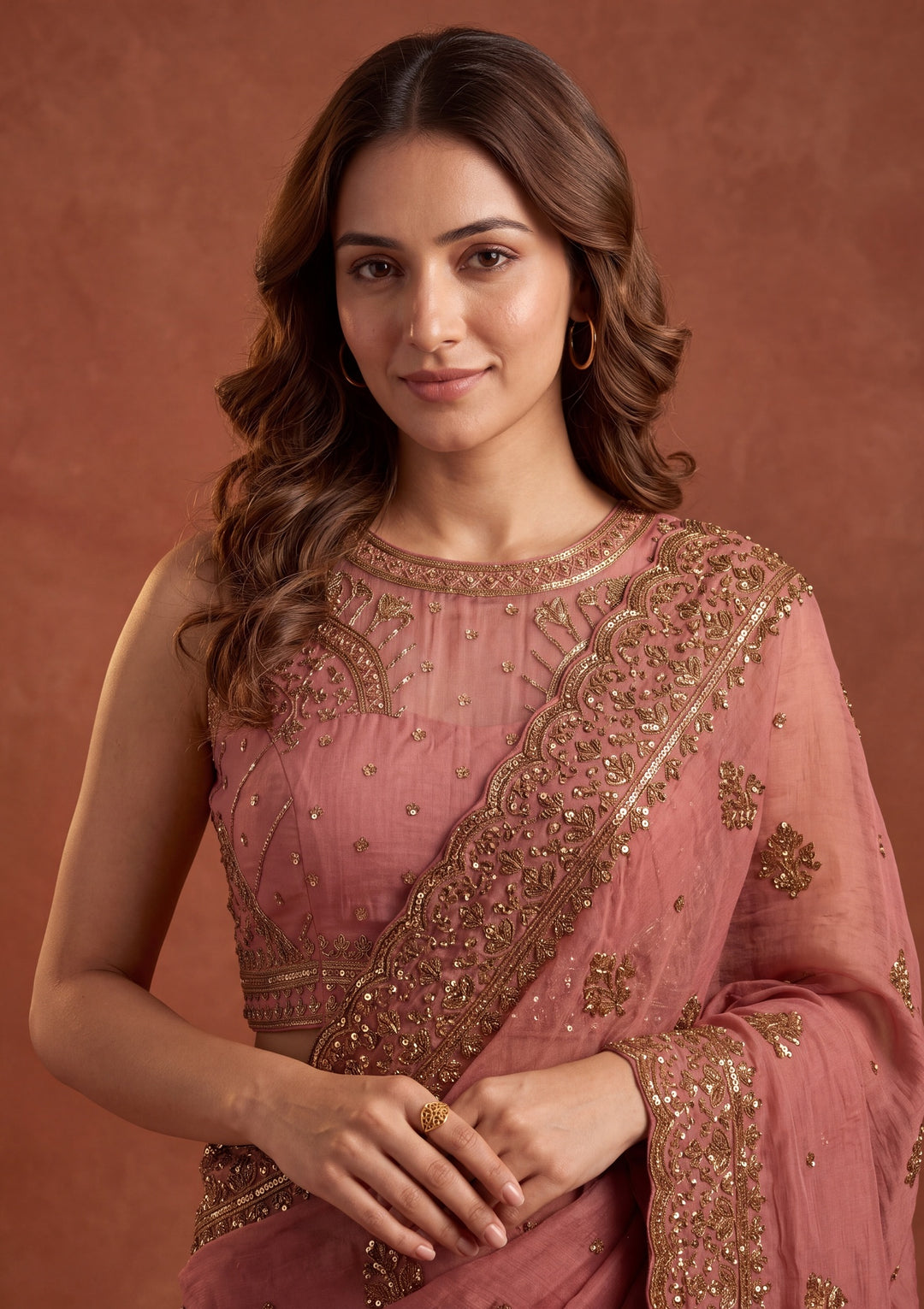 Onion Pink Tissue Cording Saree With Matching Blouse Piece