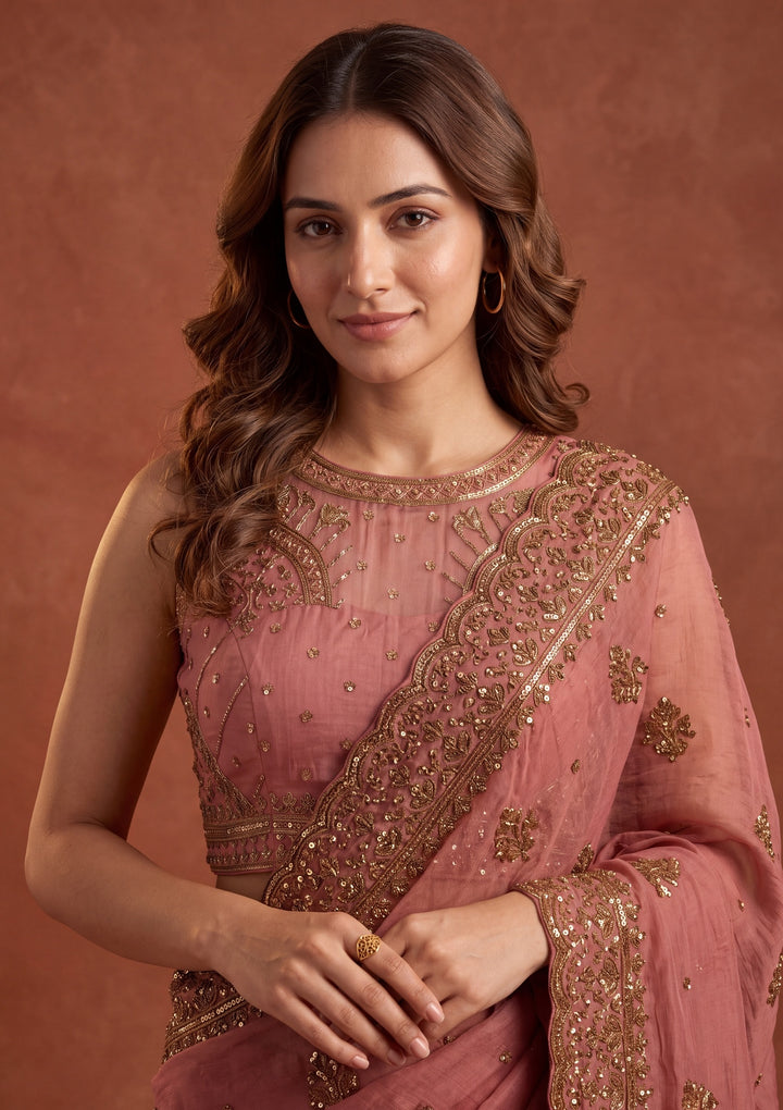 Onion Pink Tissue Cording Saree With Matching Blouse Piece