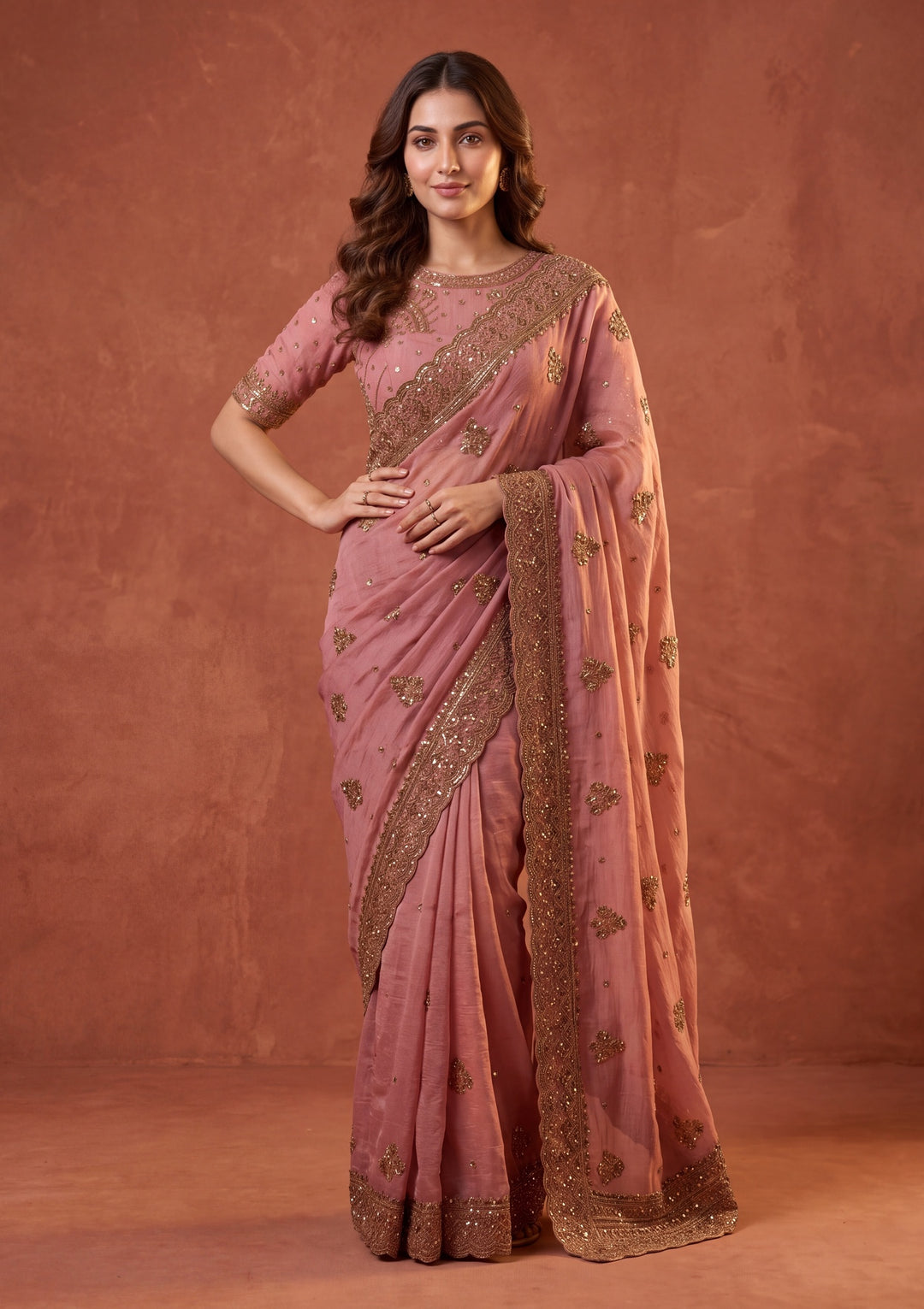 Onion Pink Tissue Cording Saree With Matching Blouse Piece