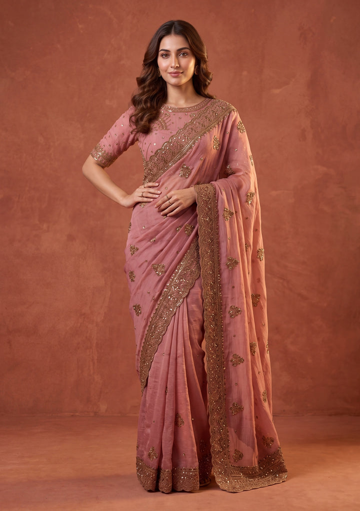 Onion Pink Tissue Cording Saree With Matching Blouse Piece