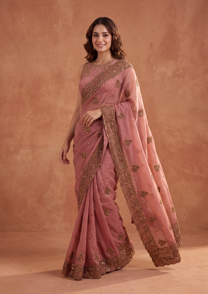 Onion Pink Tissue Cording Saree With Matching Blouse Piece
