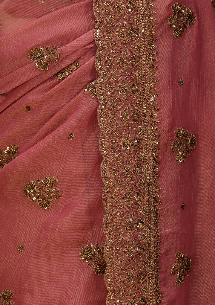 Onion Pink Tissue Cording Saree With Matching Blouse Piece