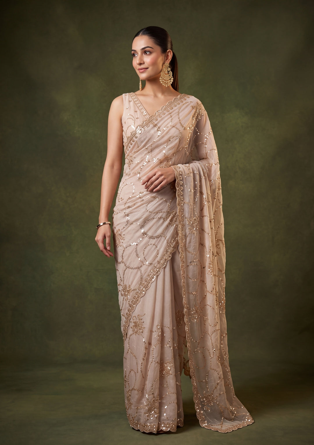 Beige Tissue Cutdana Saree With Matching Blouse Piece