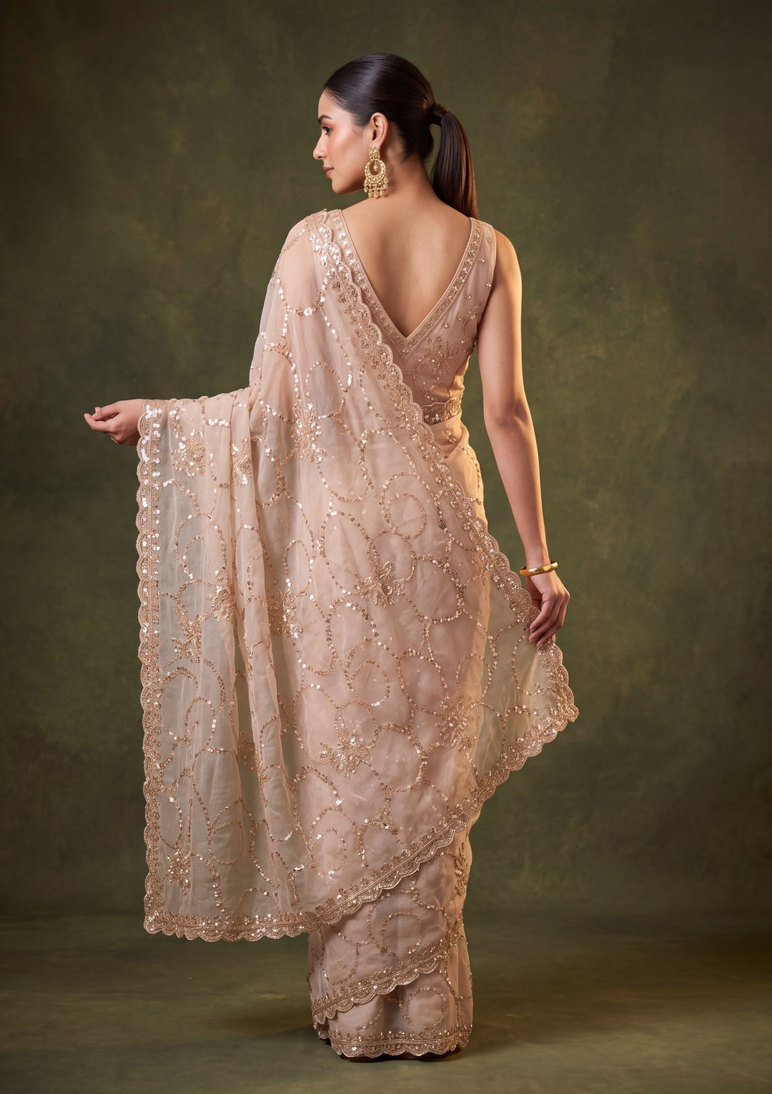 Beige Tissue Cutdana Saree With Matching Blouse Piece