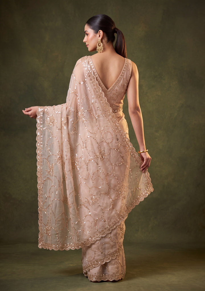 Beige Tissue Cutdana Saree With Matching Blouse Piece