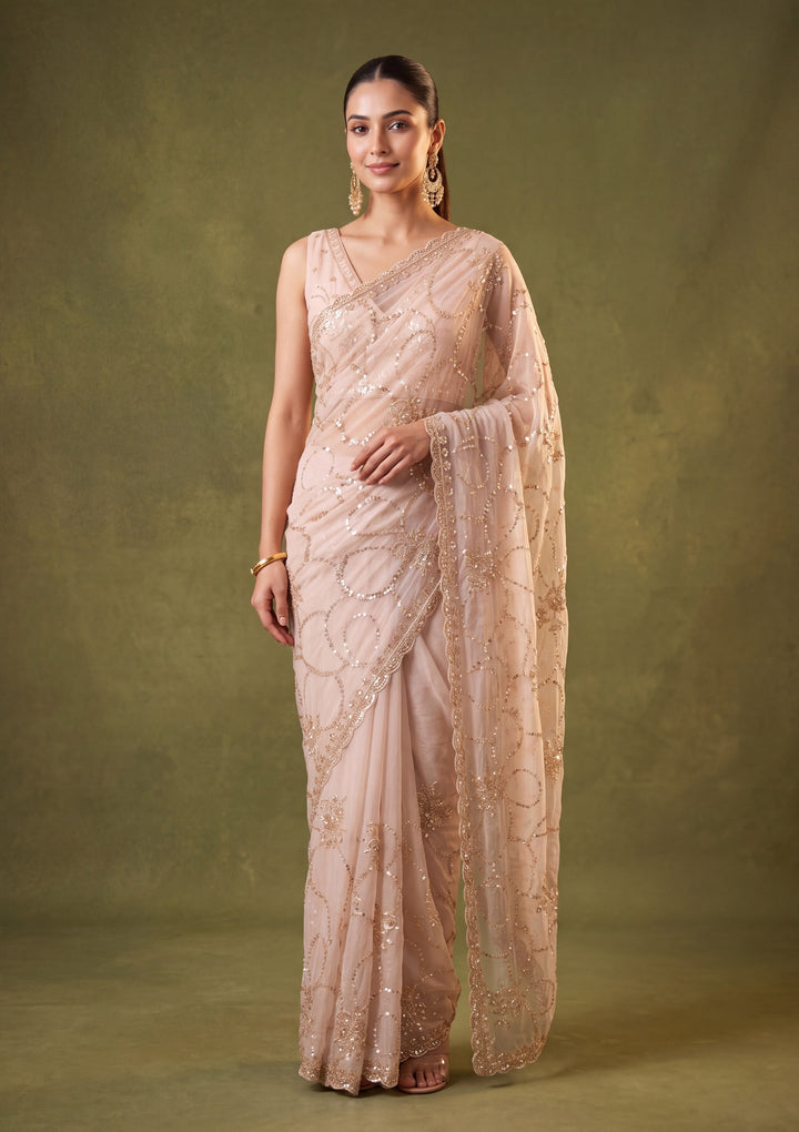 Beige Tissue Cutdana Saree With Matching Blouse Piece