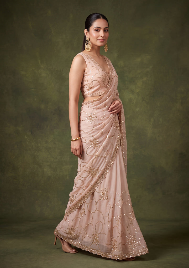 Beige Tissue Cutdana Saree With Matching Blouse Piece
