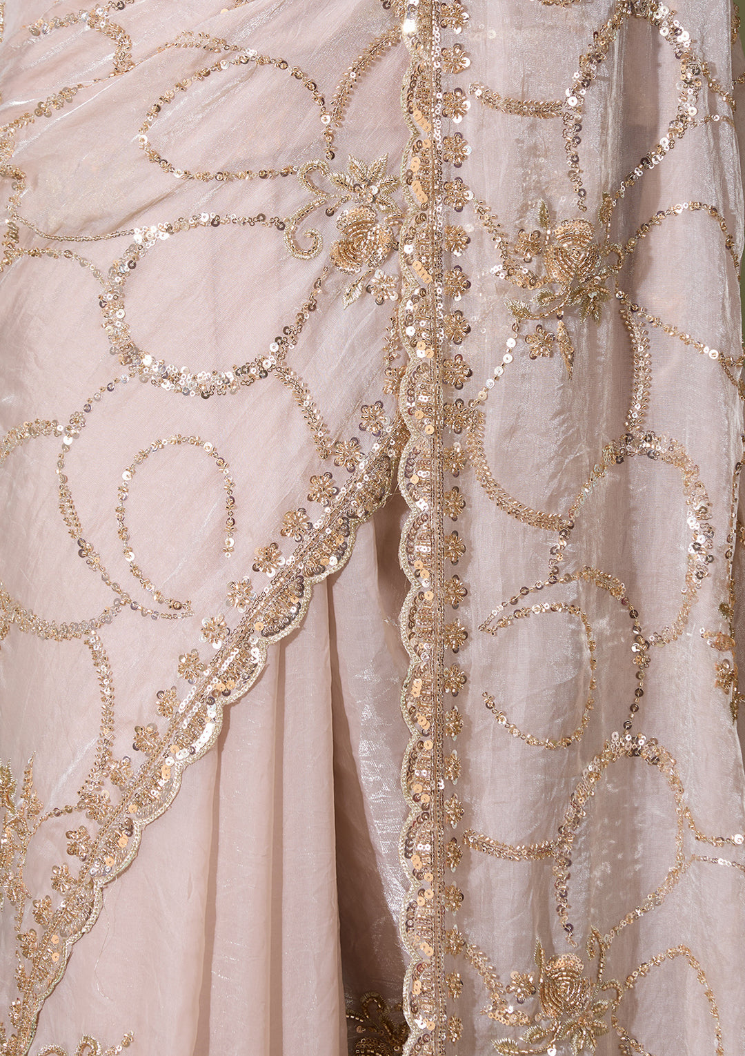 Beige Tissue Cutdana Saree With Matching Blouse Piece