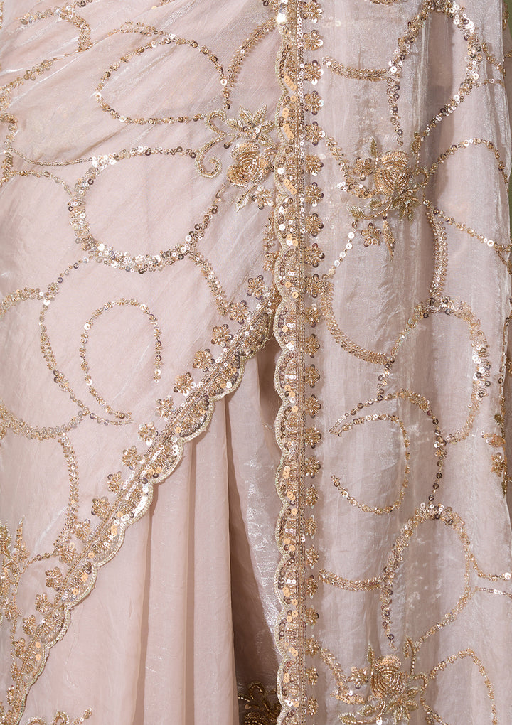 Beige Tissue Cutdana Saree With Matching Blouse Piece