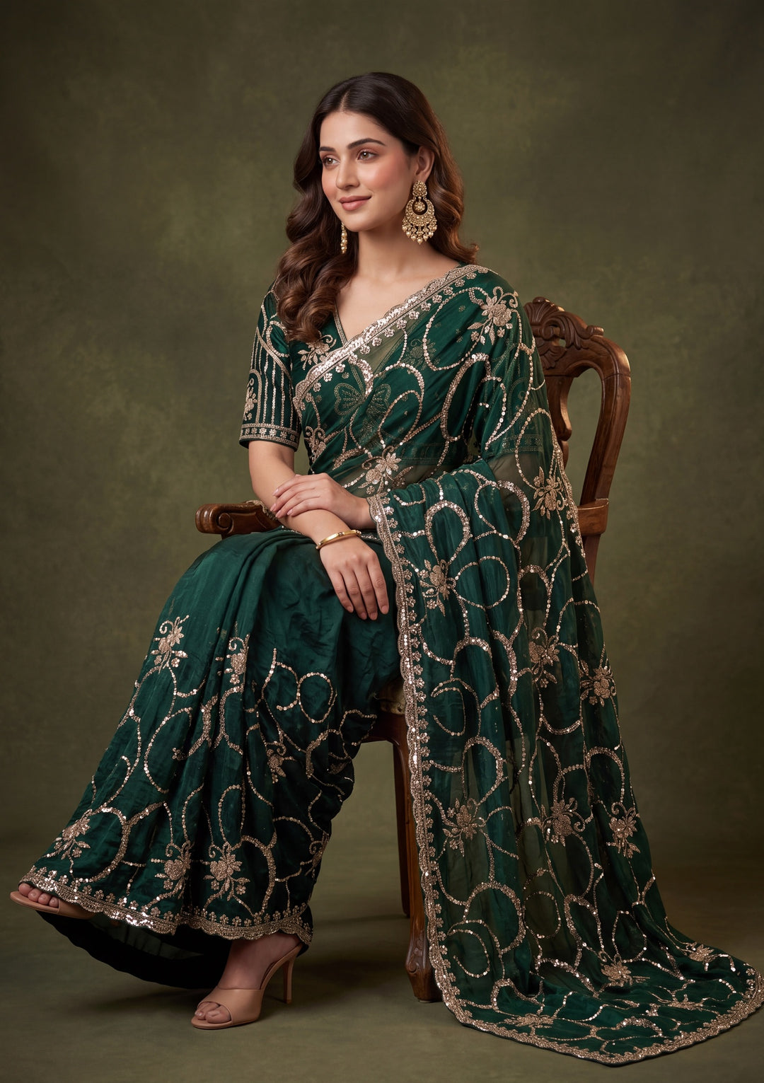 Bottle Green Tissue Cutdana Saree With Matching Blouse Piece