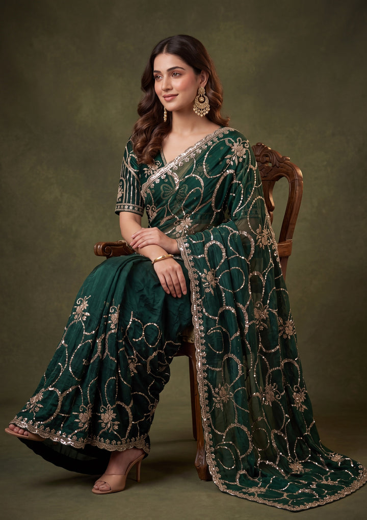 Bottle Green Tissue Cutdana Saree With Matching Blouse Piece