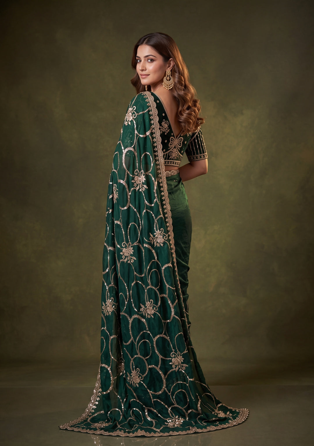 Bottle Green Tissue Cutdana Saree With Matching Blouse Piece