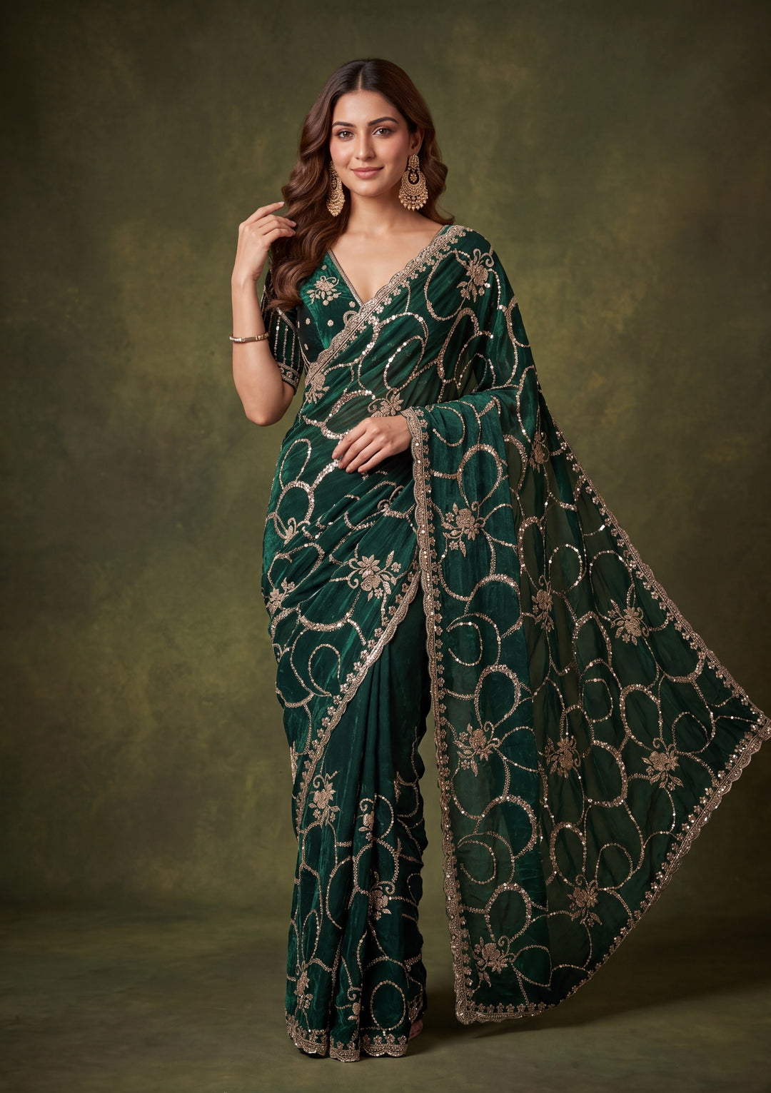 Bottle Green Tissue Cutdana Saree With Matching Blouse Piece