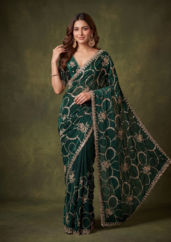 Bottle Green Tissue Cutdana Saree With Matching Blouse Piece