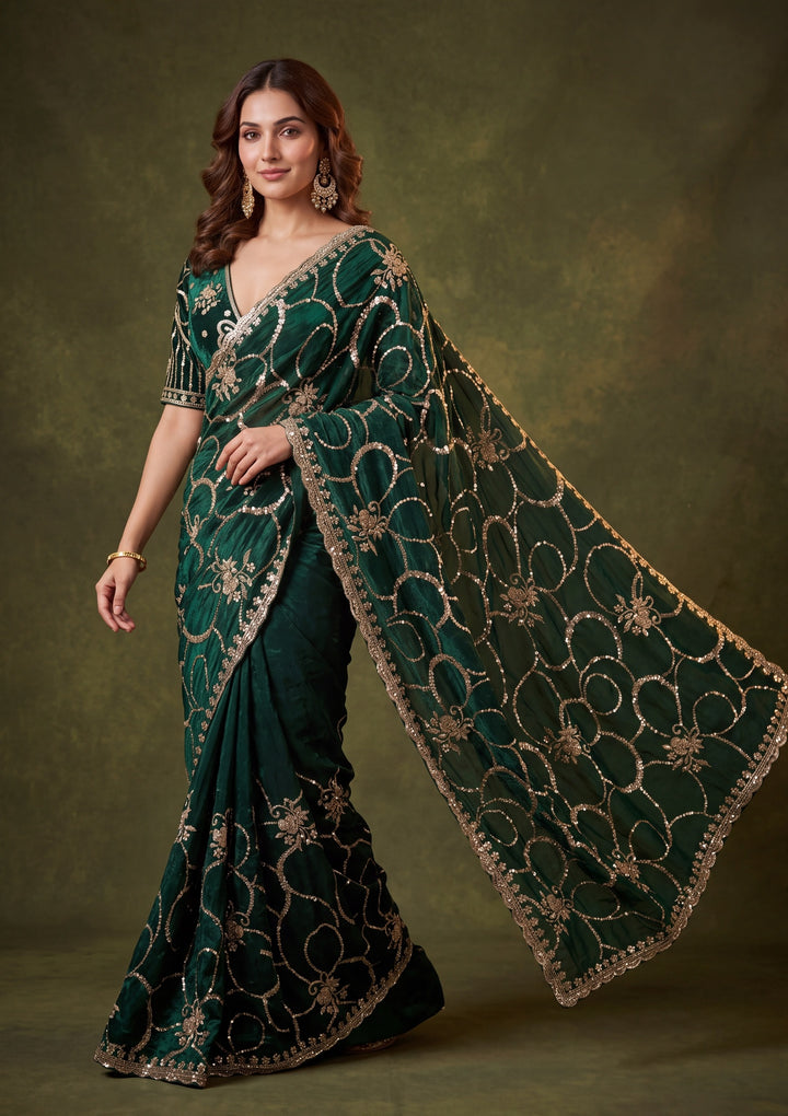 Bottle Green Tissue Cutdana Saree With Matching Blouse Piece