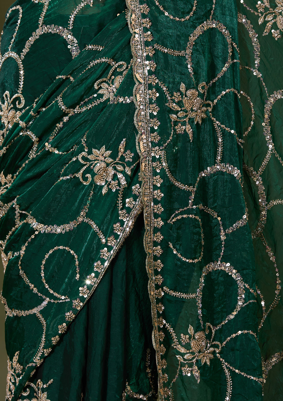 Bottle Green Tissue Cutdana Saree With Matching Blouse Piece