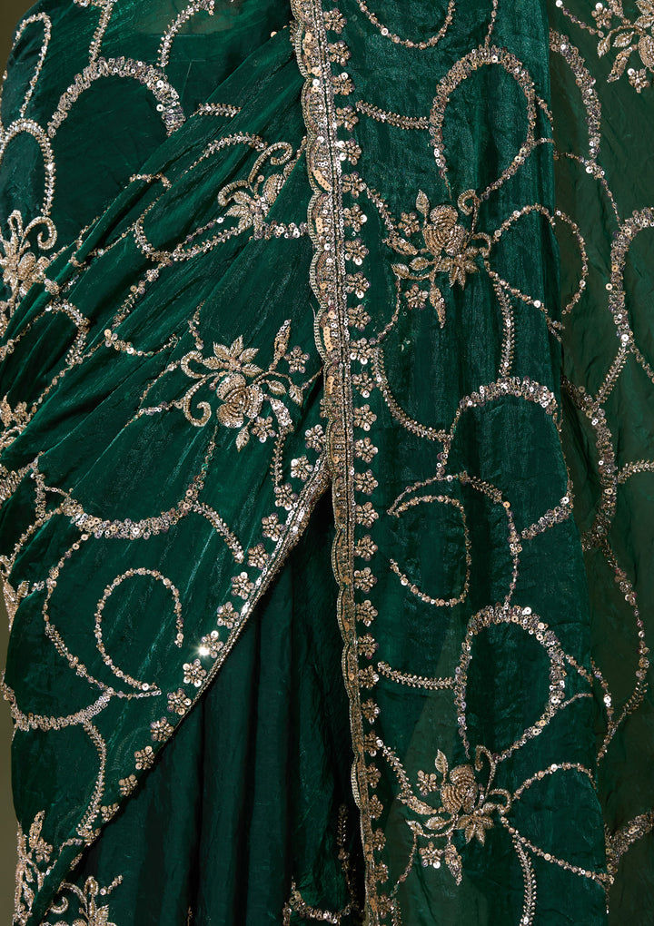 Bottle Green Tissue Cutdana Saree With Matching Blouse Piece