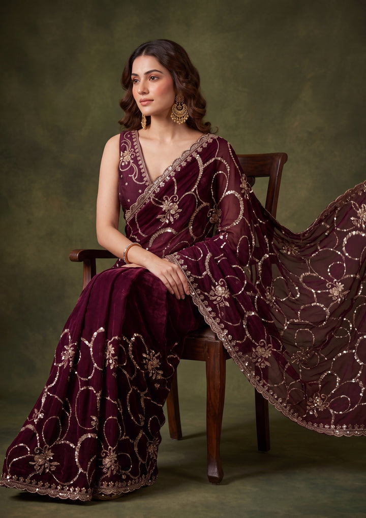 Wine Tissue Cutdana Saree With Matching Blouse Piece