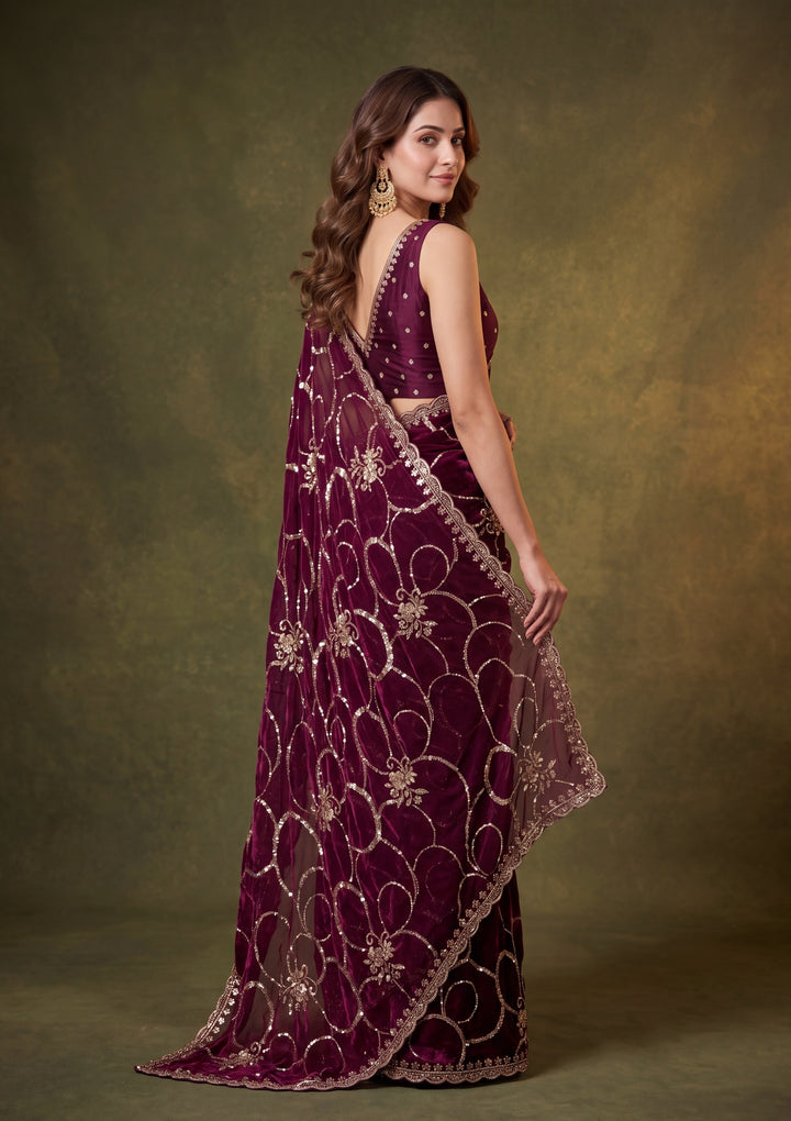 Wine Tissue Cutdana Saree With Matching Blouse Piece
