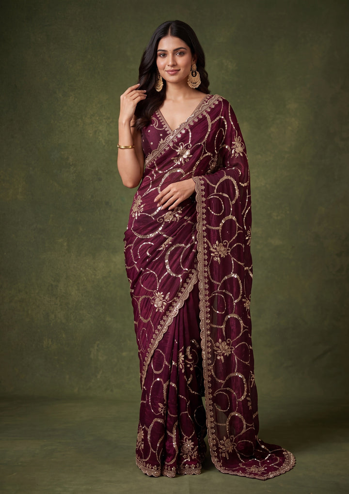 Wine Tissue Cutdana Saree With Matching Blouse Piece