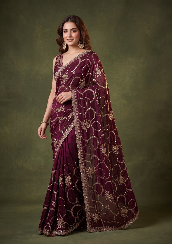 Wine Tissue Cutdana Saree With Matching Blouse Piece