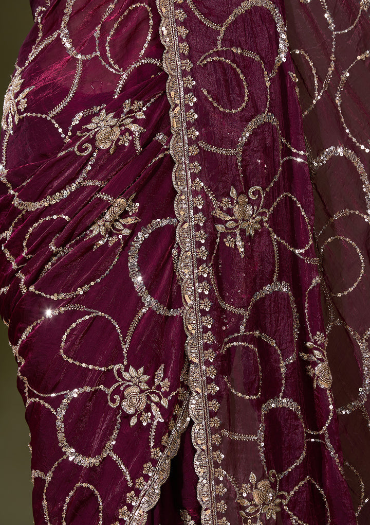 Wine Tissue Cutdana Saree With Matching Blouse Piece