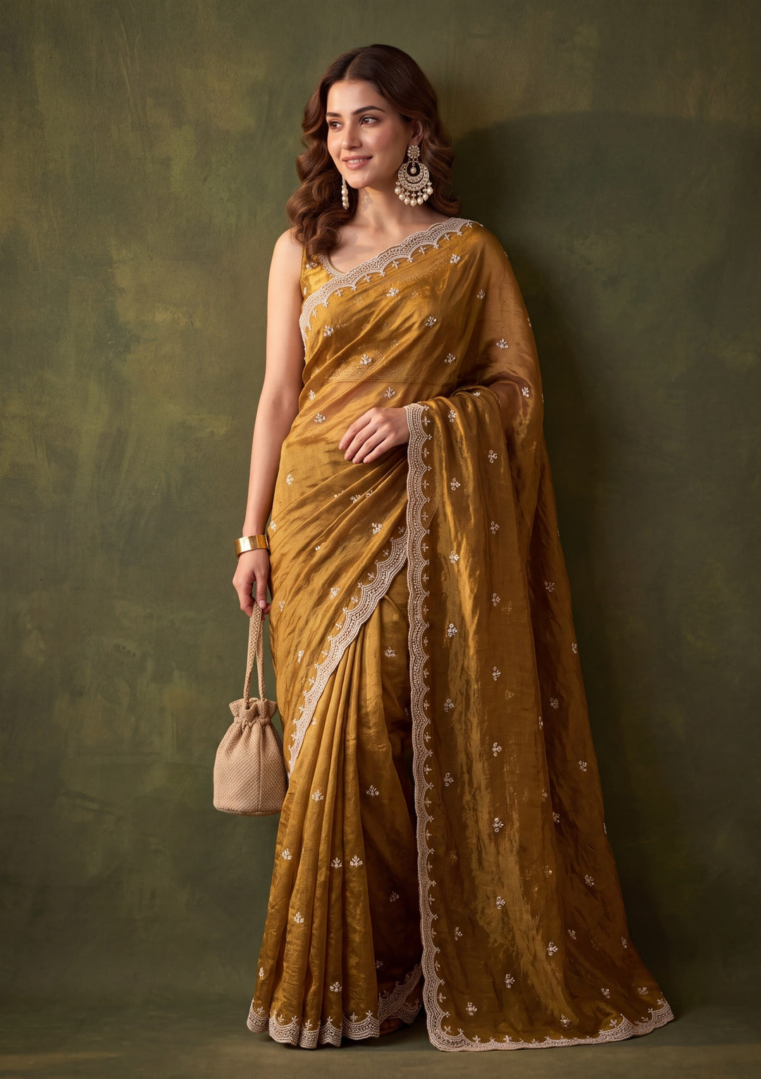 Mehendi Green Tissue Cutdana Saree With Matching Blouse Piece