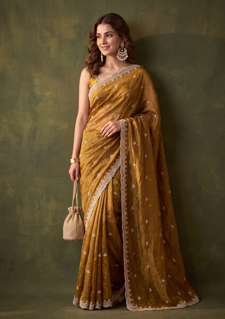 Mehendi Green Tissue Cutdana Saree With Matching Blouse Piece