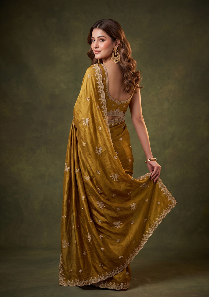 Mehendi Green Tissue Cutdana Saree With Matching Blouse Piece