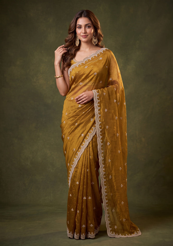 Mehendi Green Tissue Cutdana Saree With Matching Blouse Piece