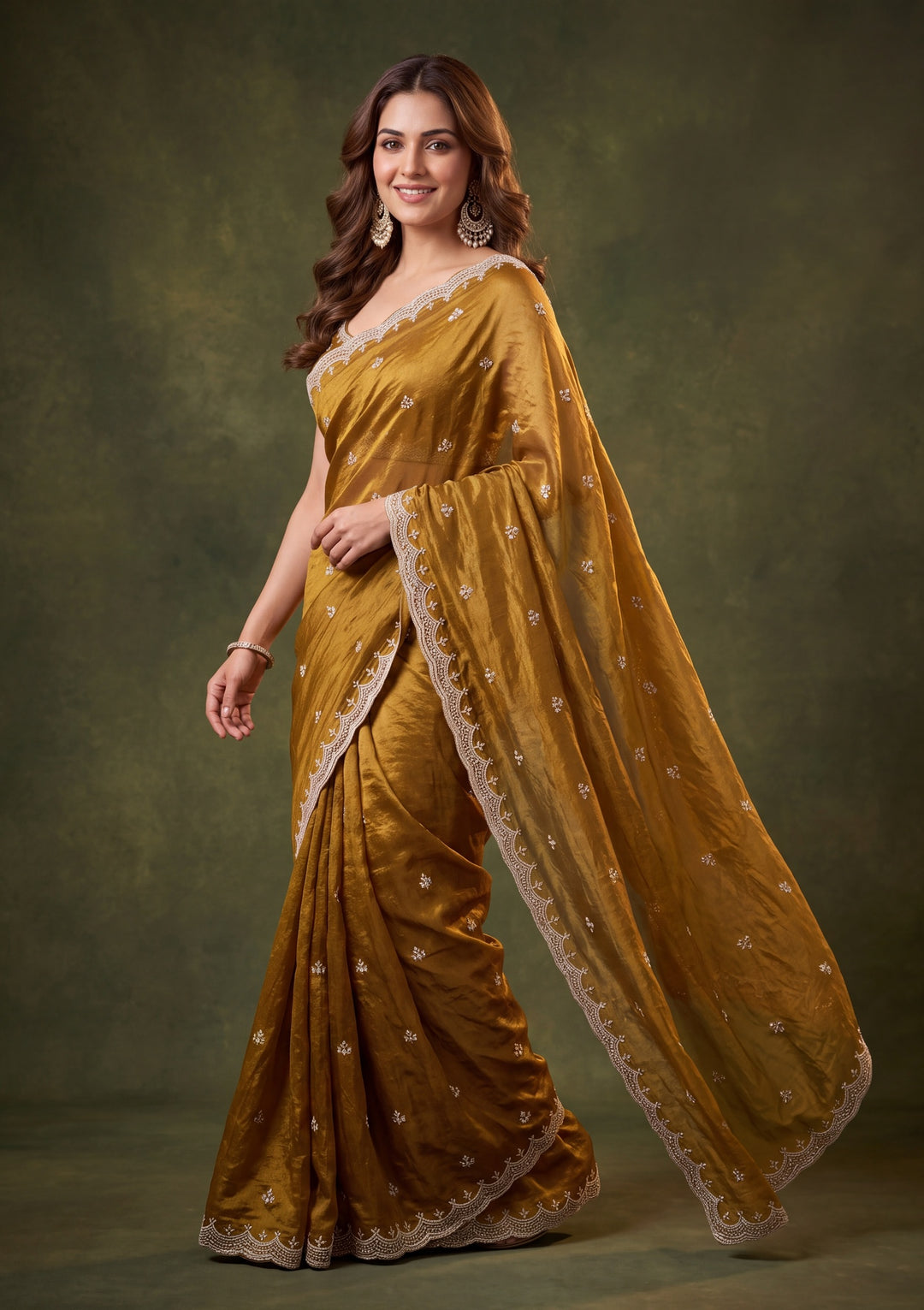 Mehendi Green Tissue Cutdana Saree With Matching Blouse Piece