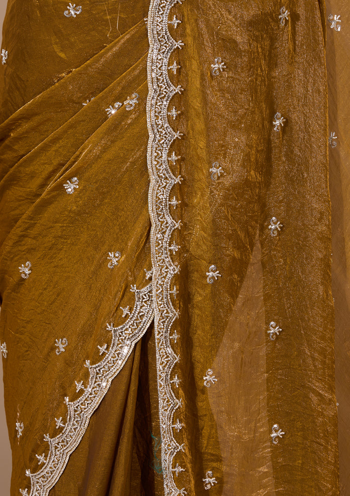 Mehendi Green Tissue Cutdana Saree With Matching Blouse Piece