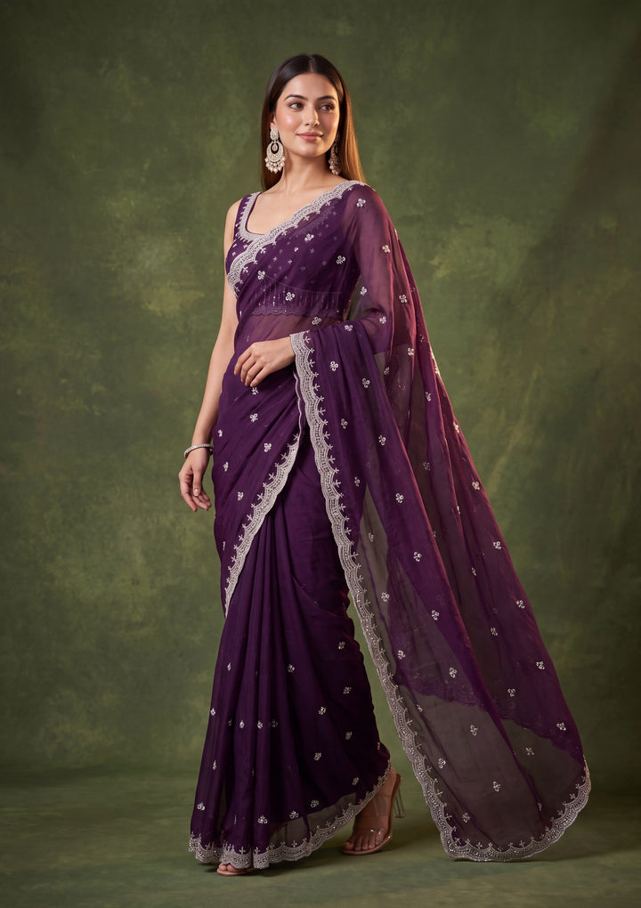 Purple Tissue Cutdana Saree With Matching Blouse Piece