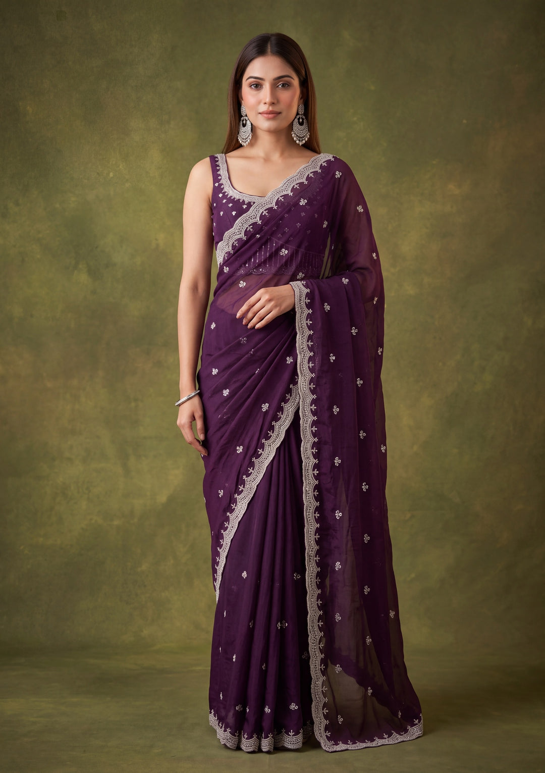 Purple Tissue Cutdana Saree With Matching Blouse Piece