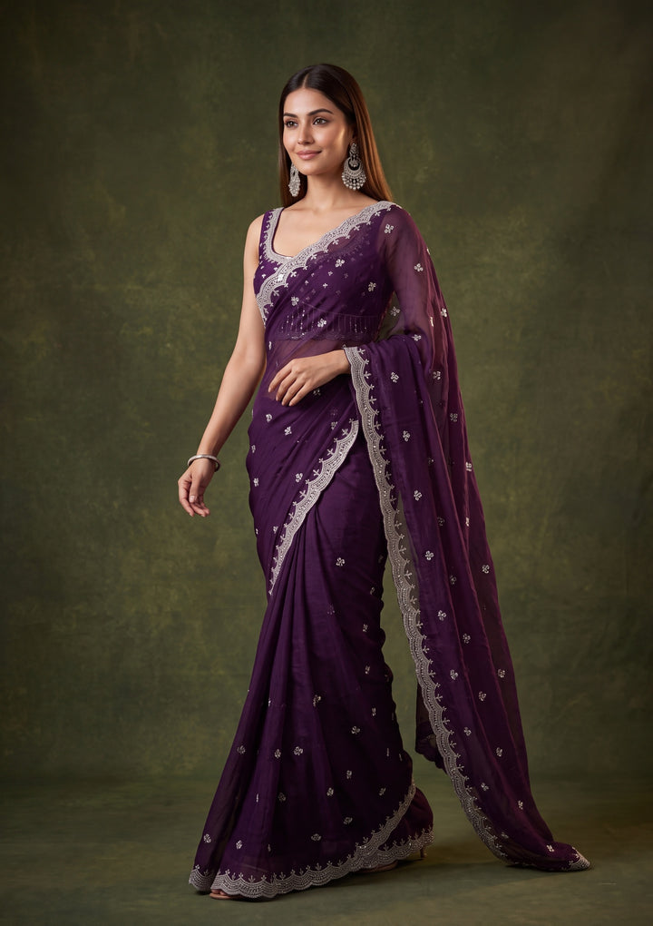 Purple Tissue Cutdana Saree With Matching Blouse Piece
